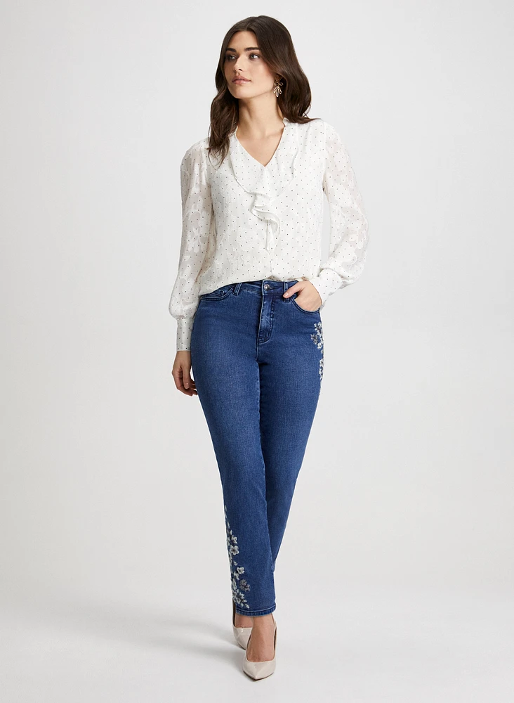 Mixed Print Blouse & Embroidered Jeans