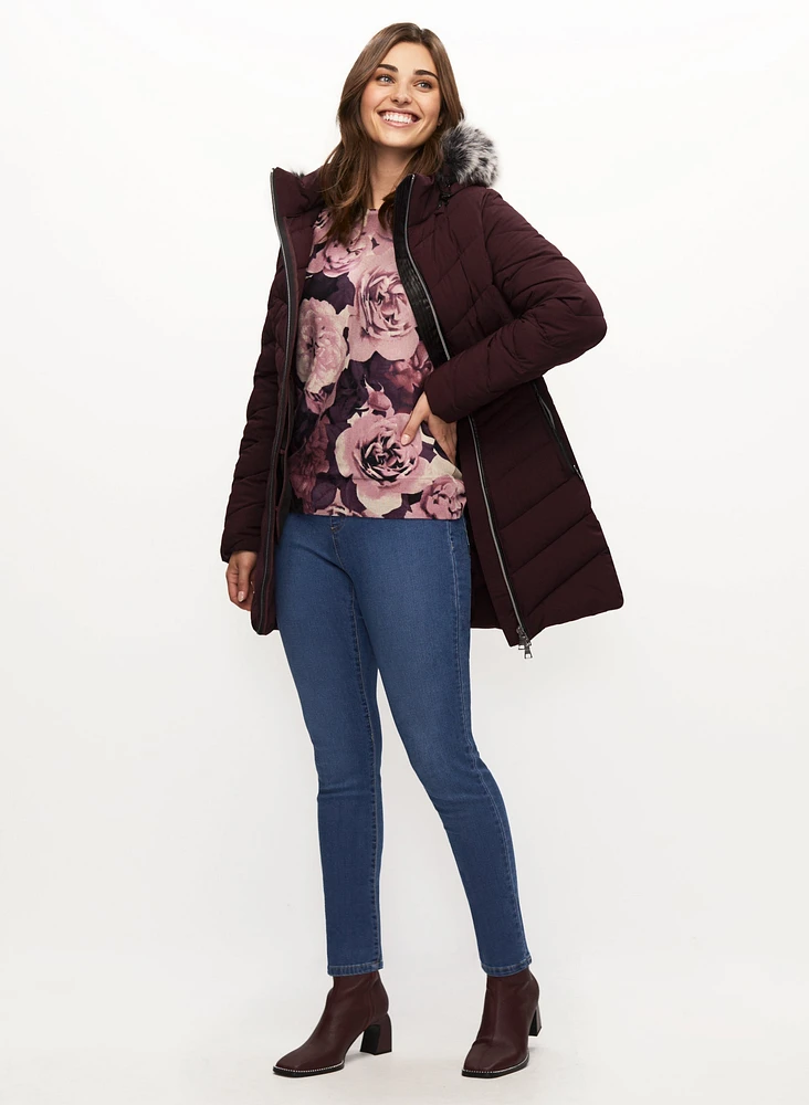 Vegan Down Coat & Floral Print Sweater