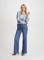 Ruched Side Top & Button Detail Wide Leg Jeans