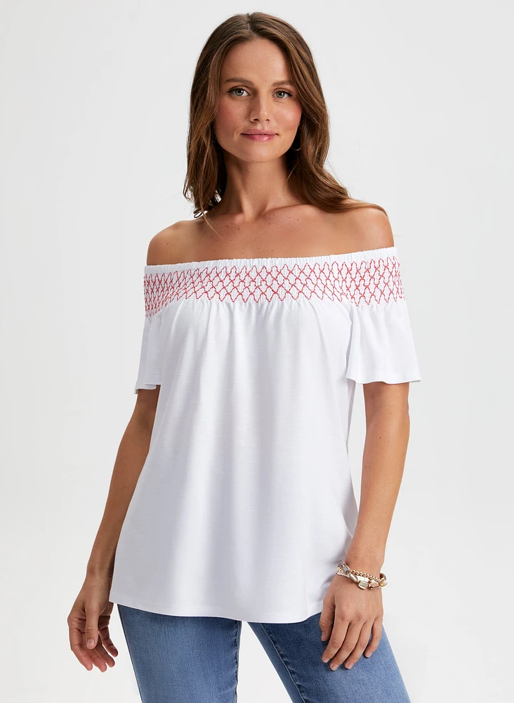 Embroidered Off-the-Shoulder Tee
