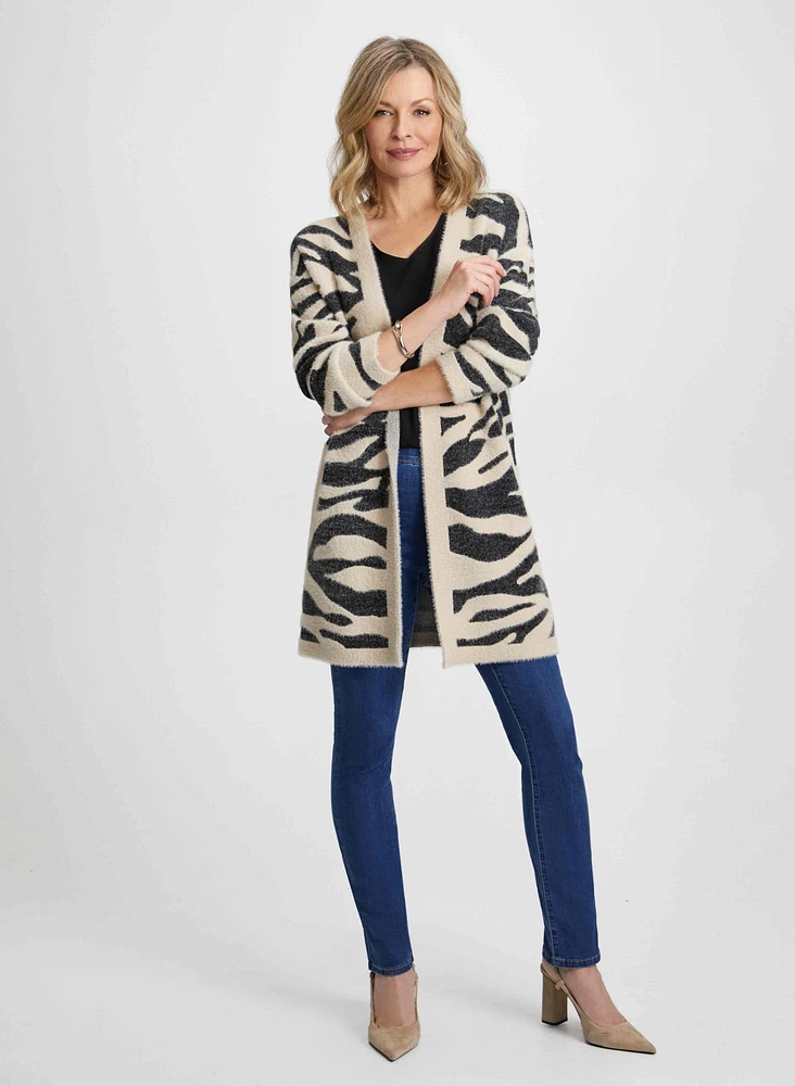 Zebra Print Cardigan, V-Neck Blouse & Jeans