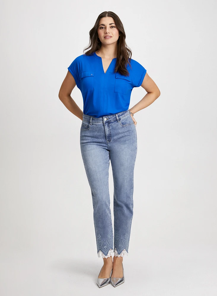 Flap Pocket Detail Top & Lace Hem Jeans