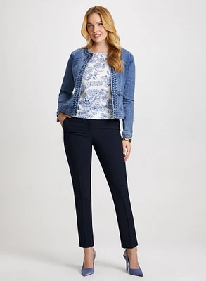 Braid Trim Denim Jacket & Slim Leg Ankle Pants