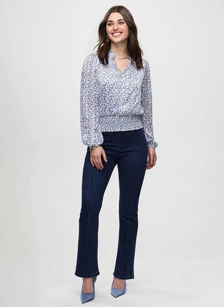 Satin Floral Print Blouse & Bootcut Jeans