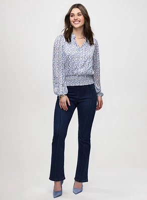 Satin Floral Print Blouse & Bootcut Jeans