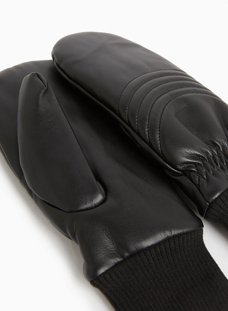 Vegan Leather Ribbed Mittens