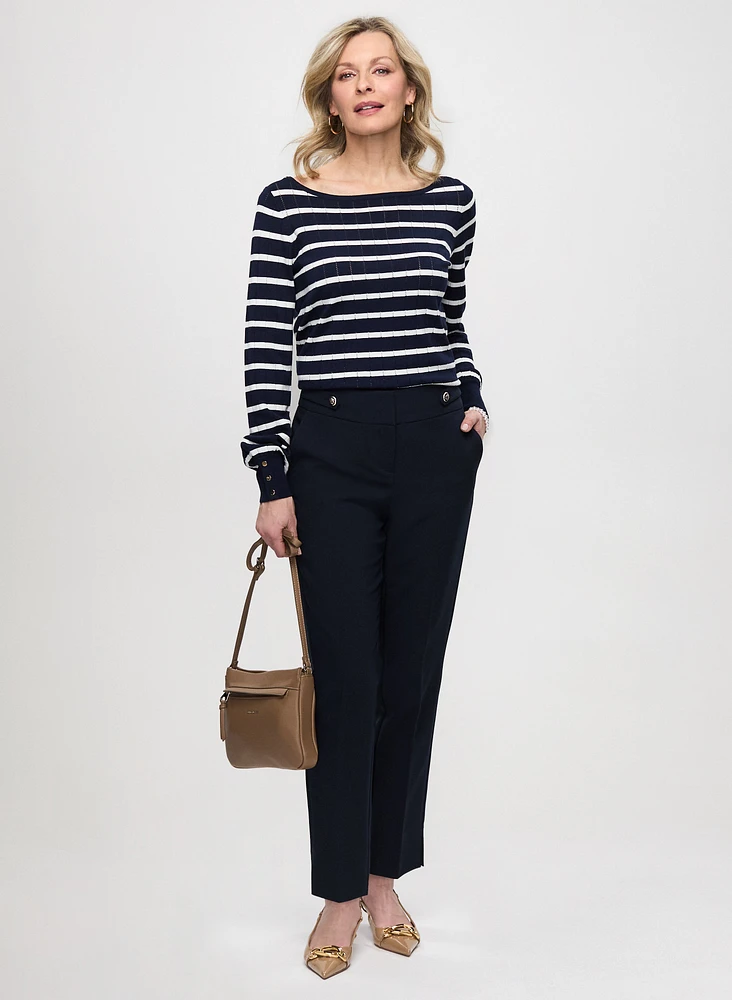 Decorative Button Stripped Sweater & Slim Leg Ankle Pants