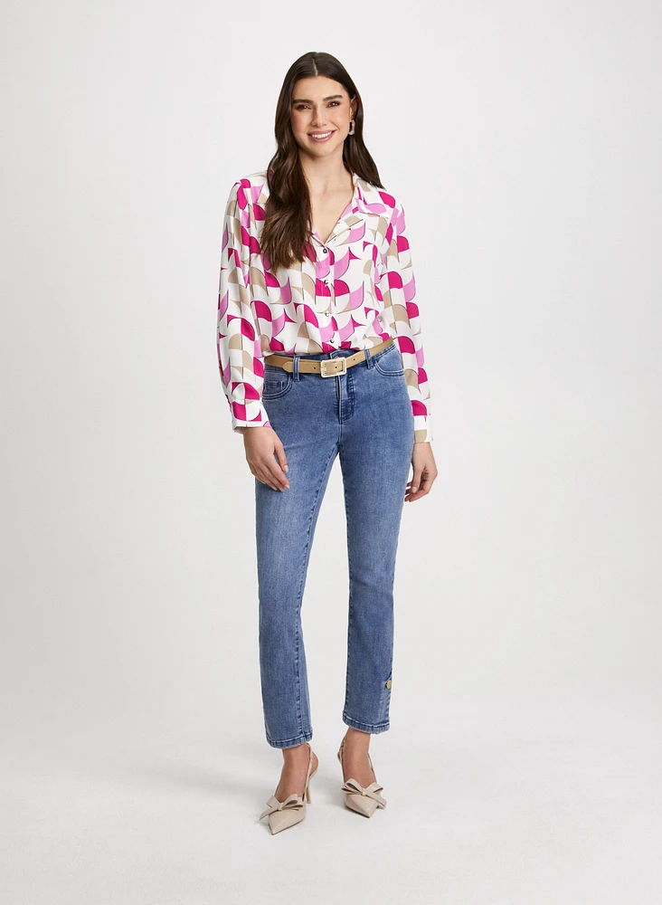 Geometric Motif Blouse & Button Hem Jeans