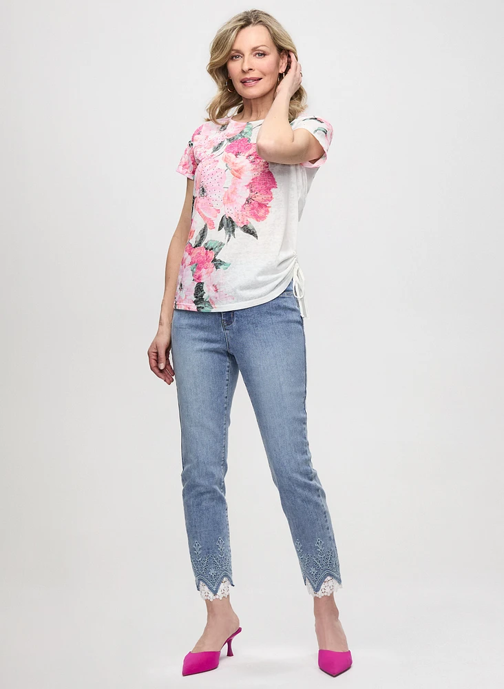 Floral Print Drawstring Tee & Lace Hem Ankle Leg Jeans