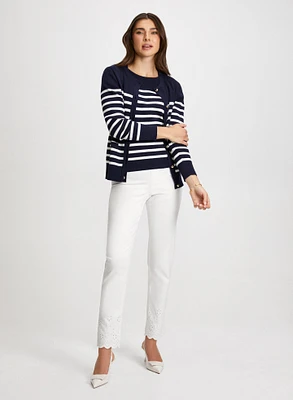 Striped Cardigan & Top & Scalloped Jeans