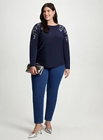 Leaf Appliqué Sweater & Straight Leg Blue Jeans