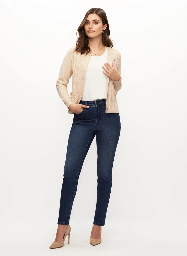 Cable Knit Cardigan, Sleeveless Crepe Blouse & Jeans