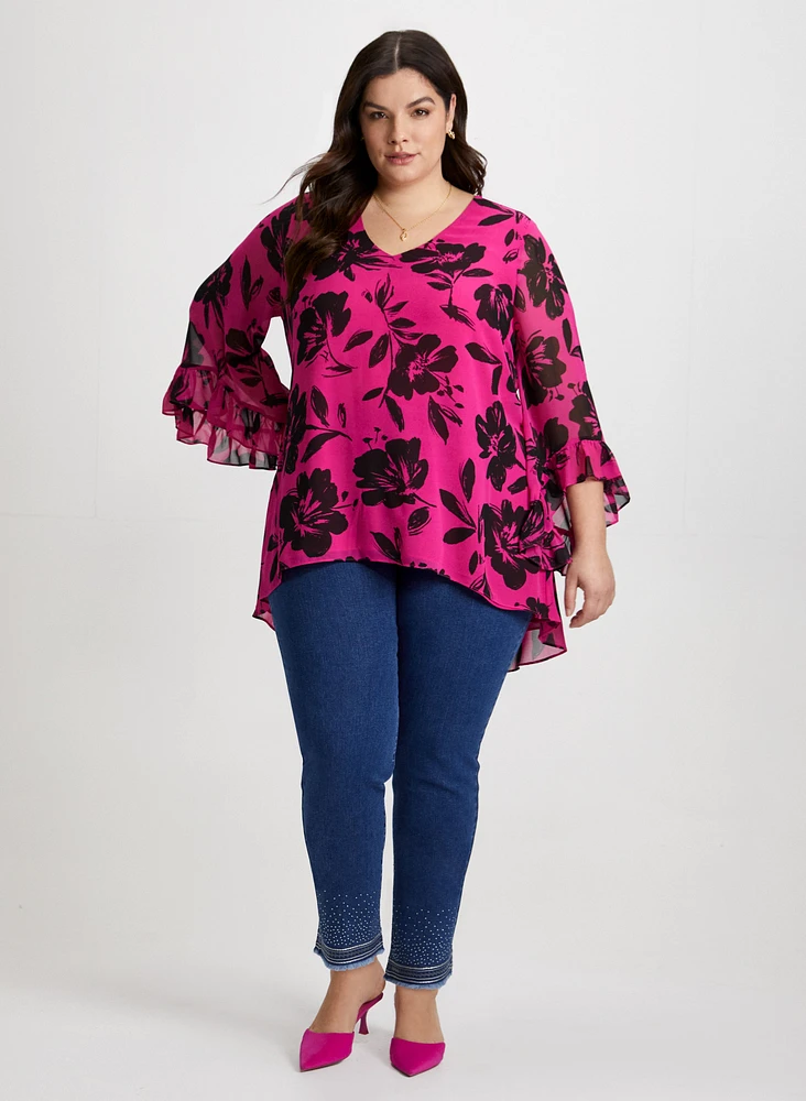 Floral Blouse & Sequin Hem Jeans