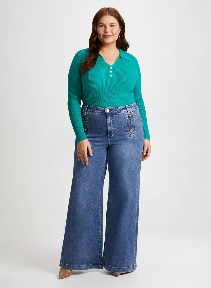 Pointelle Knit Sweater & Wide Leg Jeans