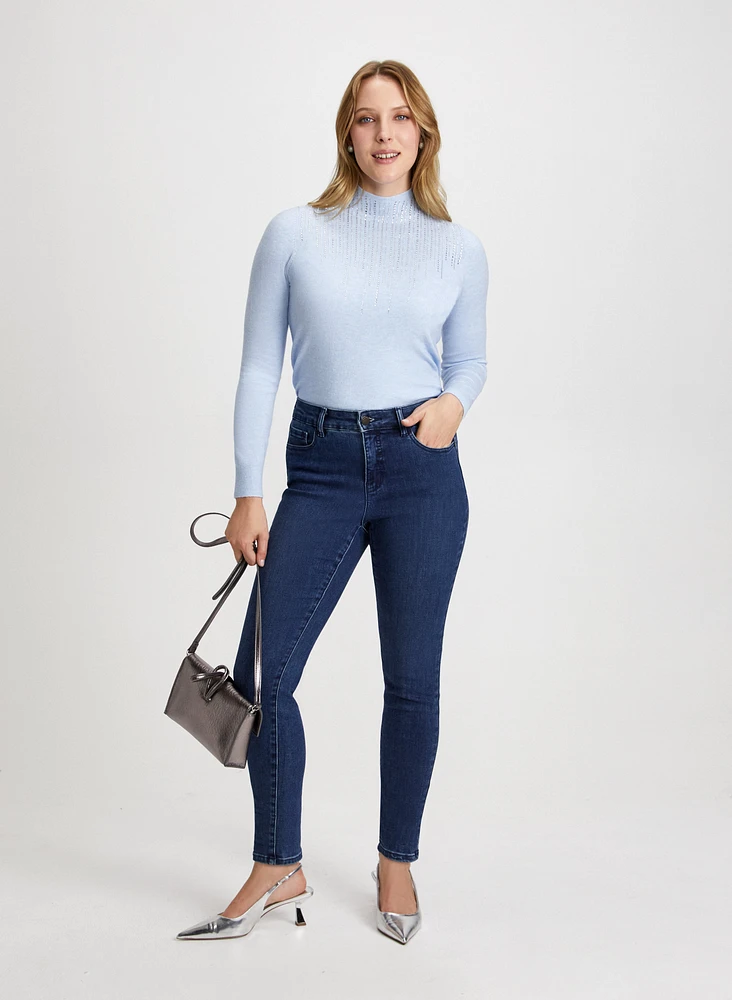 Cascading Rhinestone Sweater & Slim Leg Jeans