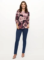 Floral Print Sweater & Pull-on Straight Leg Jeans