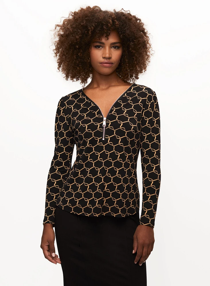 Geometric Print Zip Front Top