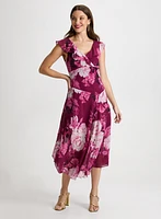 Floral Ruffle Capelet Dress & Linear Crystal Earrings