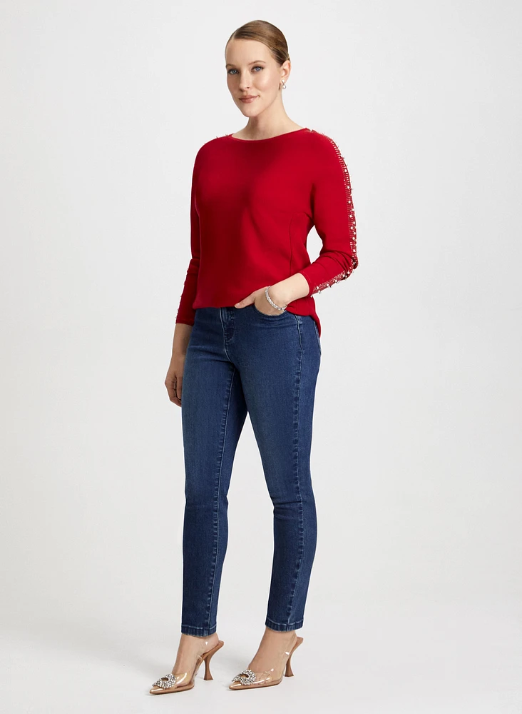 Pearl Detail Sweater & Slim Leg Jeans