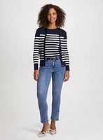 Stripe Motif Cardigan & Button Hem Jeans