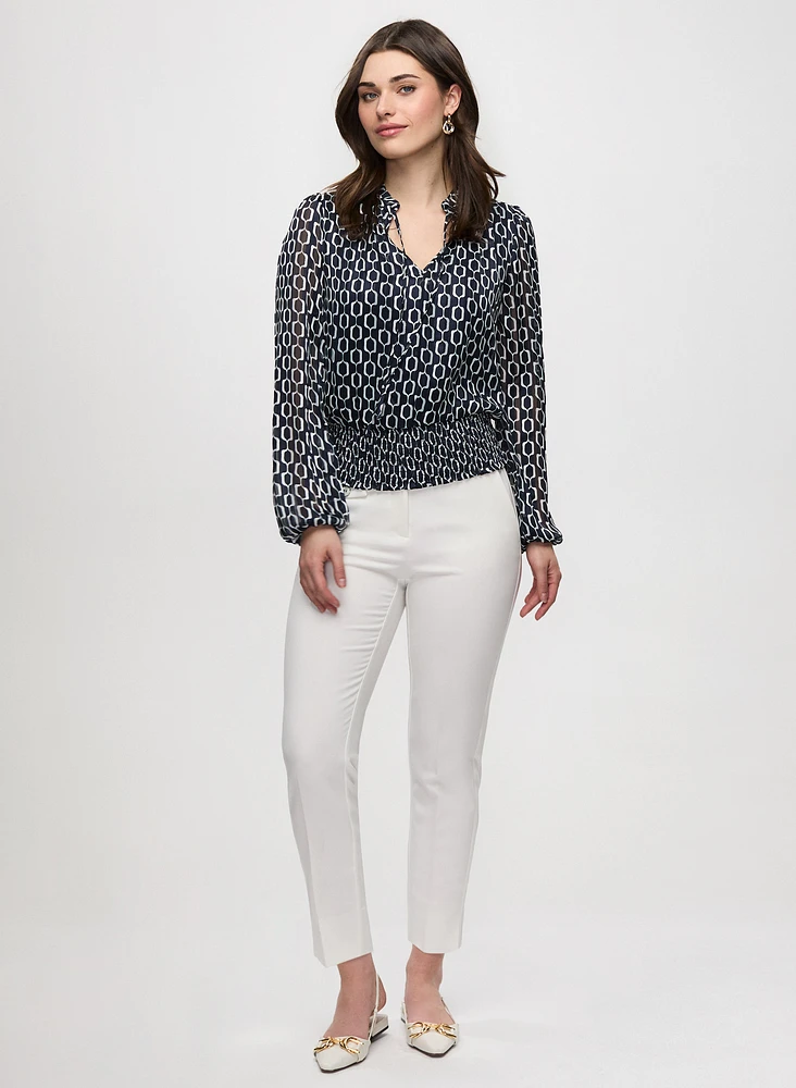 Smocked Waist Geometric Print Blouse & Slim Leg Ankle Pant