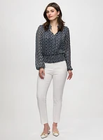 Smocked Waist Geometric Print Blouse & Slim Leg Ankle Pant