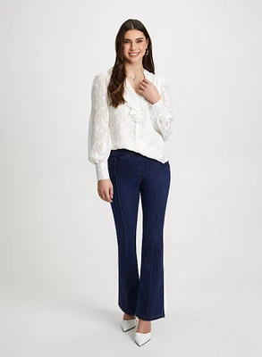 Mixed Print Ruffle Front Blouse & Bootcut Jeans