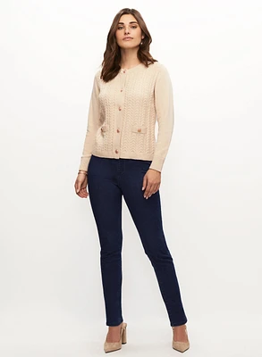 Cable Knit Cardigan, Pull-On Jeans & Dangle Earrings