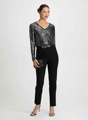 Sequin Top & Rhinestone Slit Pants