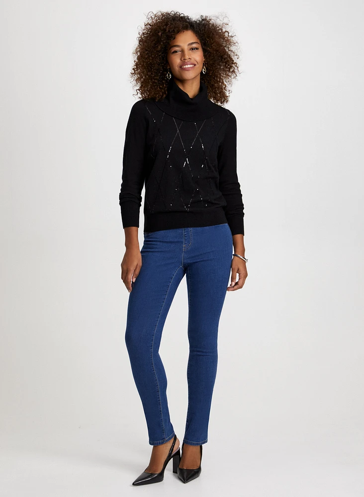 Sequin Motif Sweater & Straight Leg Jeans