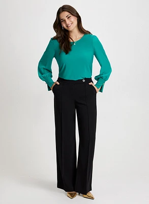 Button Cuff Top & Wide Leg Pants