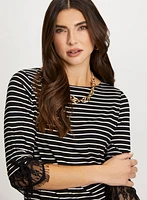 Lace Trim Stripe Motif Top