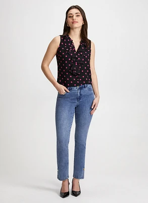 Sleeveless Polka Dot Top & Button Hem Straight Leg Jeans