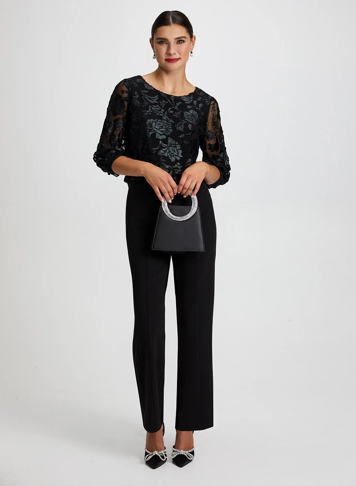 Floral Mesh Pants, Pants & Rhinestone Handle Clutch