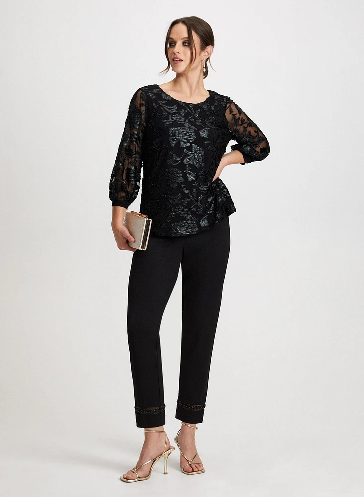 Pearl Detail Pants & Floral Mesh Top