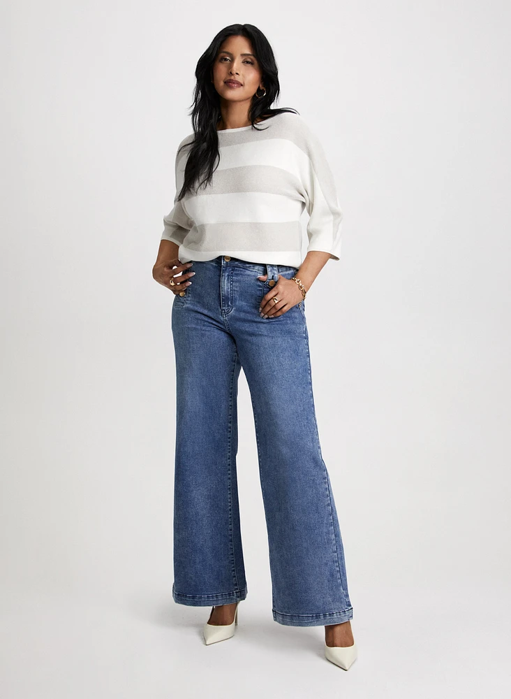 Striped Boat Neck Sweater & Wide Leg Jeans