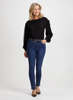 Ruffle Sleeve Top & Bow Trim Jeans