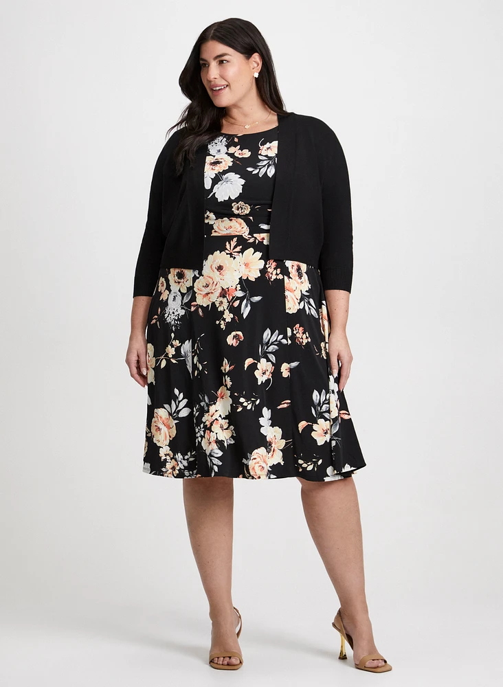 Ribbed Knit Cardigan & Floral Print Dress