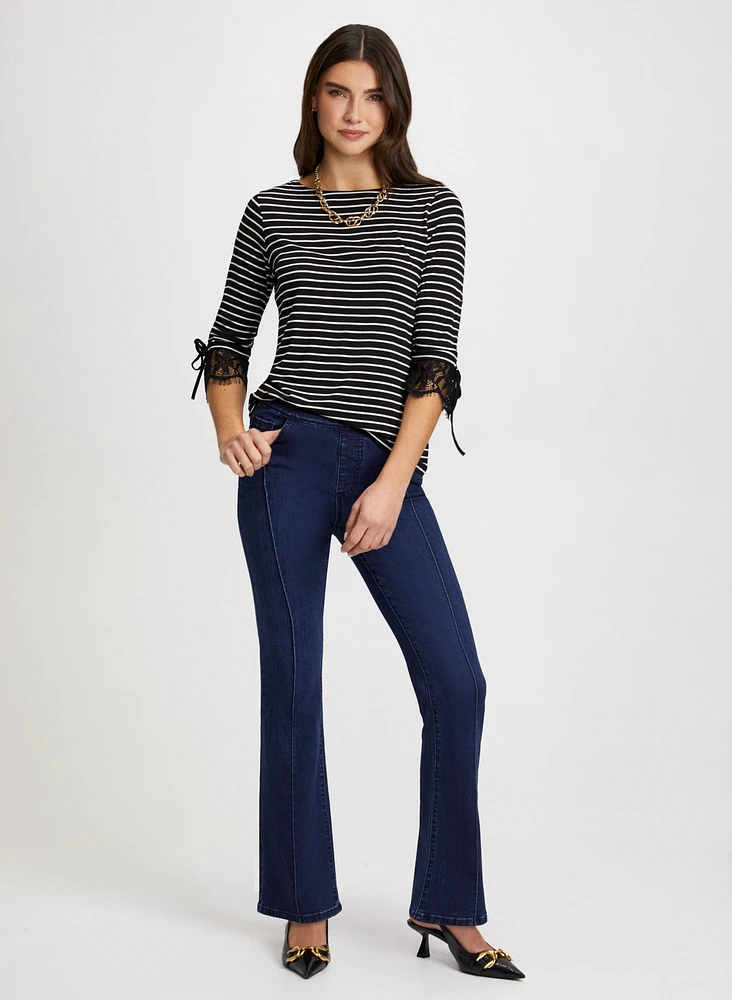 Lace Trim Stripe Motif Top