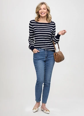 Decorative Button Striped Sweater & Slim Leg Jeans