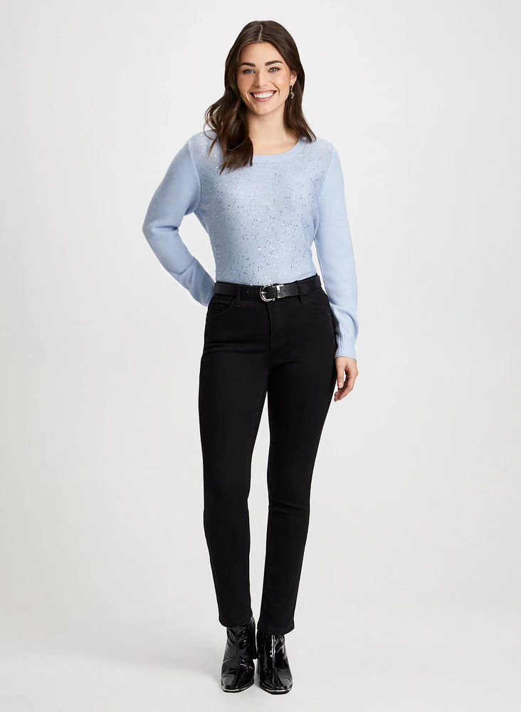 Knit Sequin Sweater & Straight Leg Jeans