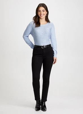 Knit Sequin Sweater & Straight Leg Jeans