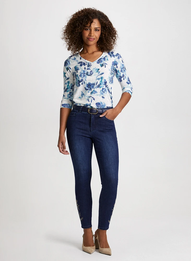 Floral Tied Hem Top & Embellished Hem Ankle Jeans