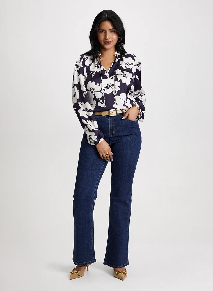 Ruffle Detail Satin Blouse & Bootcut Jeans