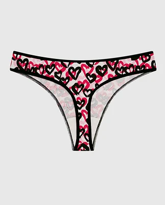 Cotton Thong Panty Graffiti Hearts