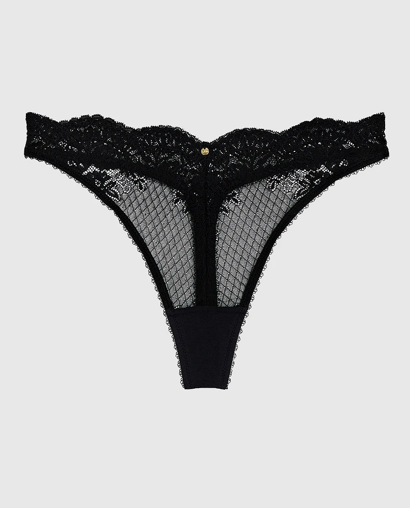 Lace High Leg Thong Panty Smoulder Black