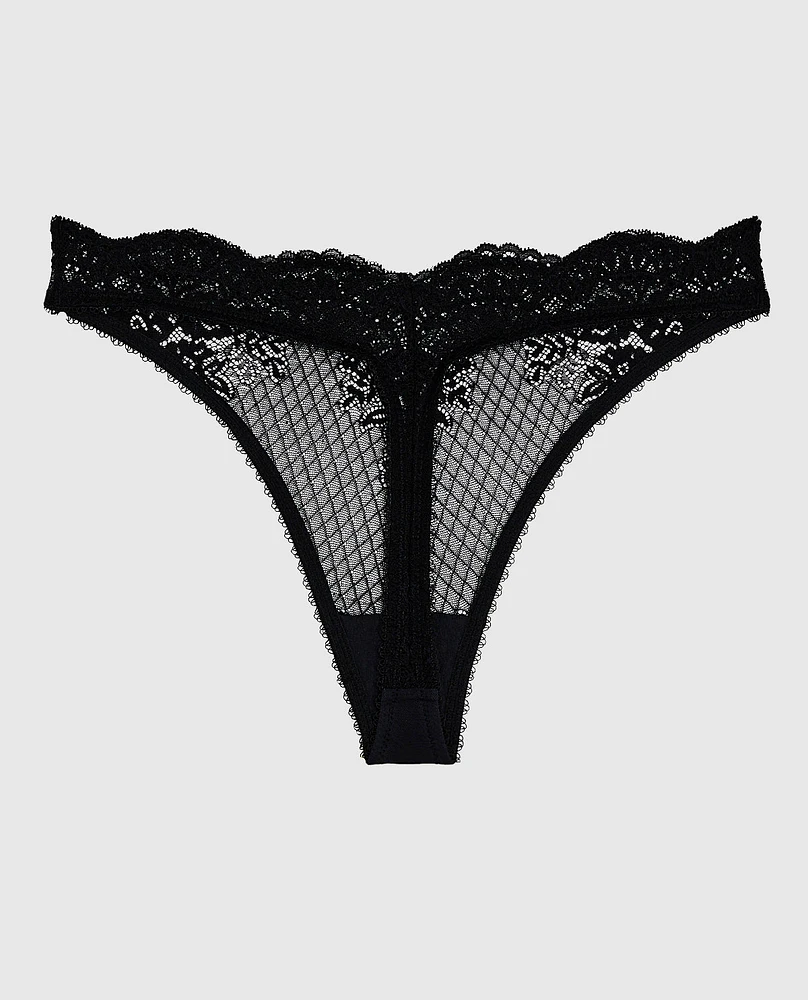 Lace High Leg Thong Panty Smoulder Black