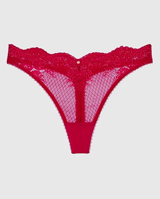 Lace High Leg Thong Panty Cosmo Red