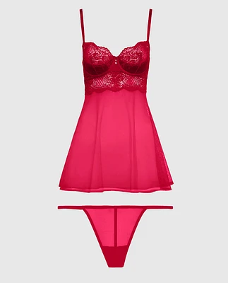 Unlined Balconette Lace Babydoll Cosmo Red