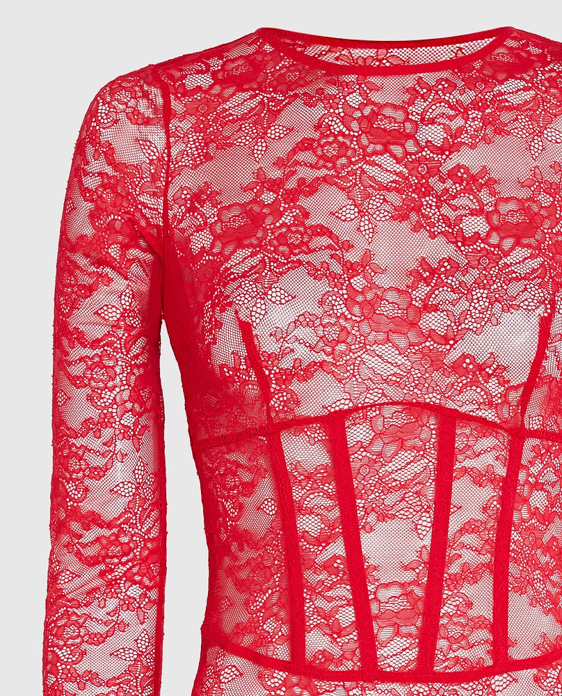 Unlined Long Sleeve Bodysuit Cosmo Red